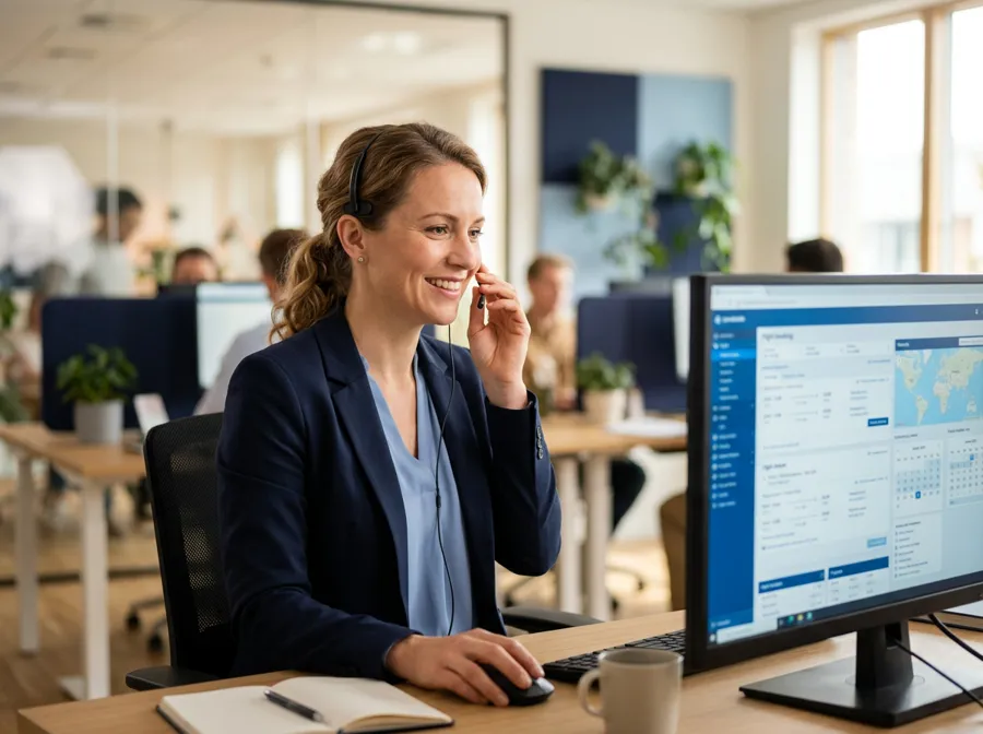 QuickFlyNest travel agent on a call